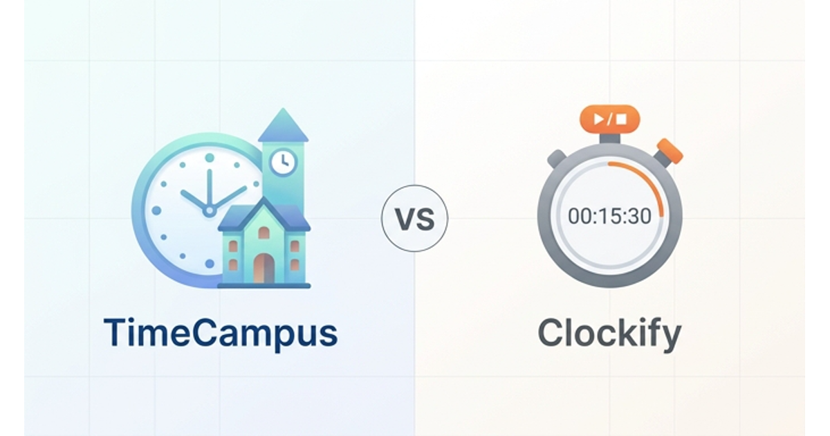Conceptual comparison illustration showing TimeCampus and Clockify as competing time-intelligence approaches