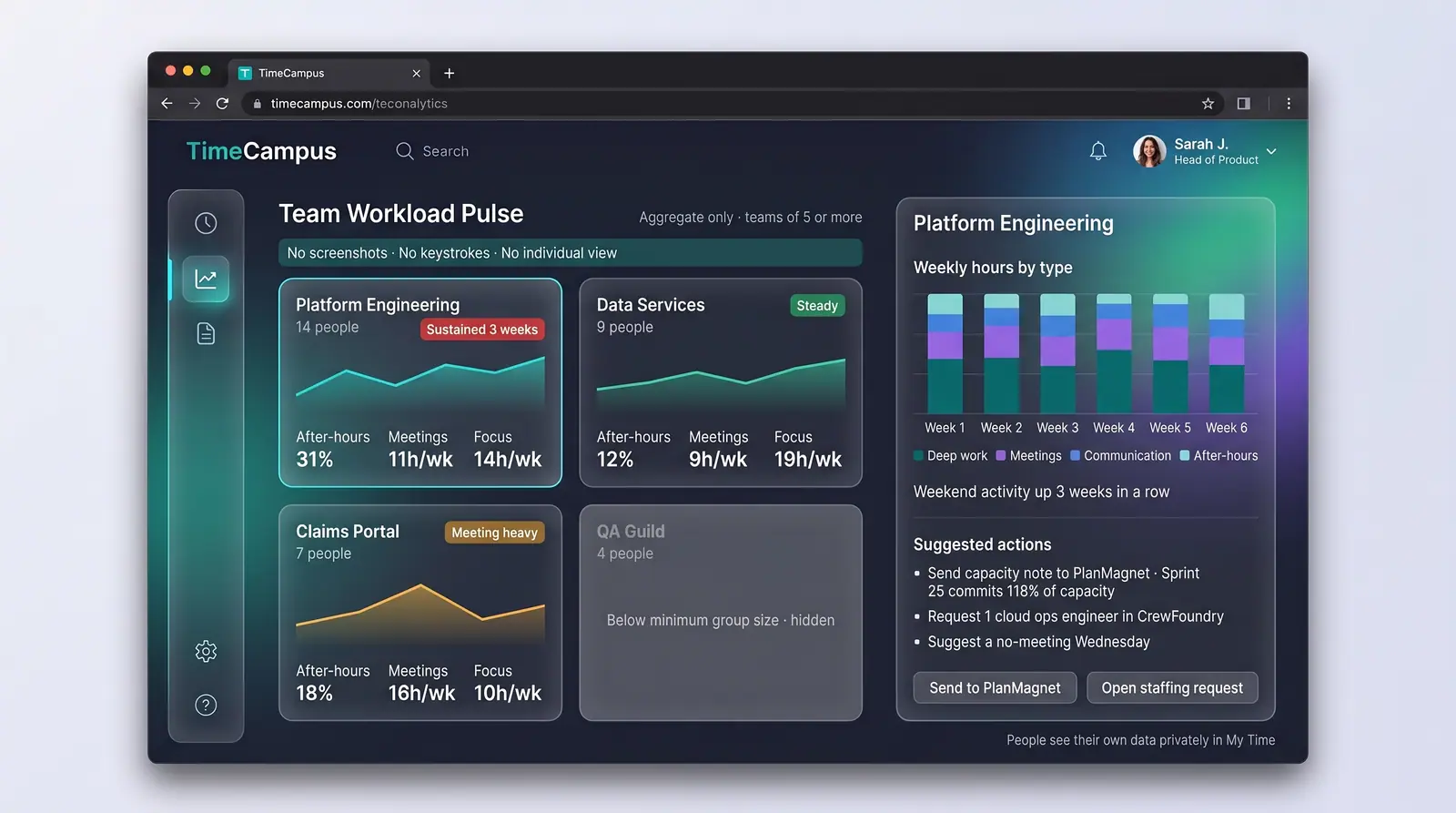 Concept illustration of TimeCampus Team Workload Pulse with aggregate team cards, a six-week hours-by-type chart and suggested actions