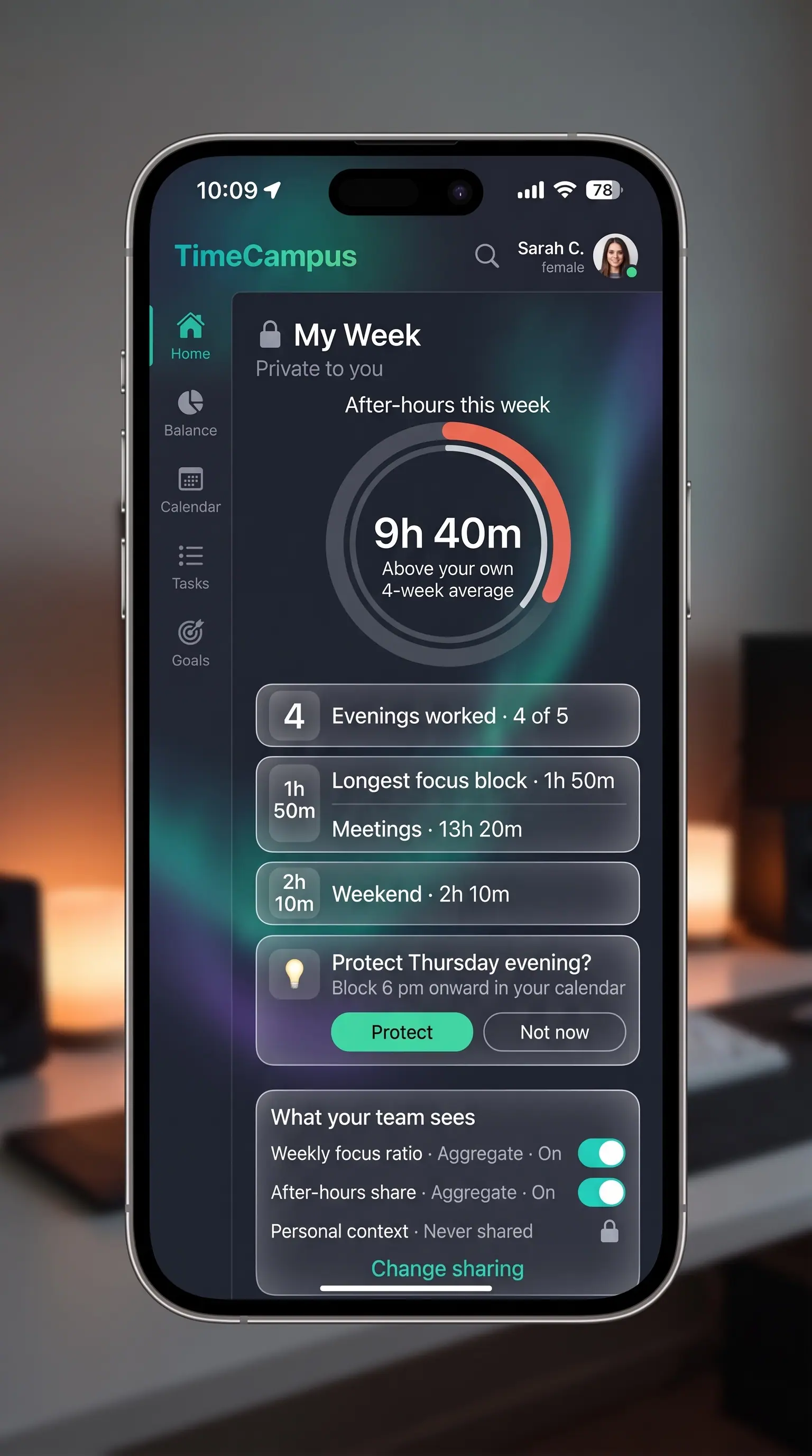 Concept illustration of a private TimeCampus My Week on a phone with after-hours time, focus and meetings, and team sharing switches