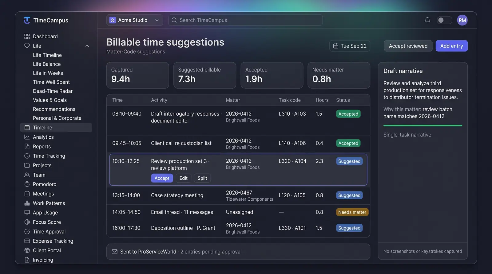 Concept illustration of TimeCampus billable time suggestions with matter numbers, task codes, hours in tenths and a draft narrative panel