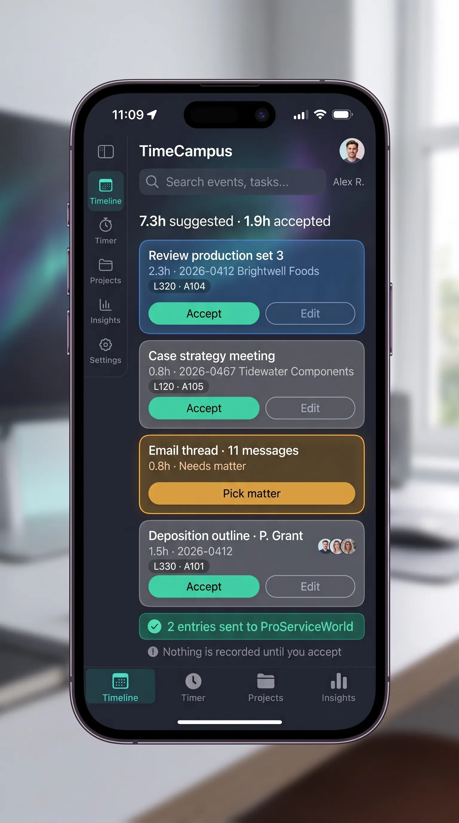 Concept illustration of TimeCampus billable time suggestions on a phone as matter-coded cards with Accept, Edit and Pick matter buttons