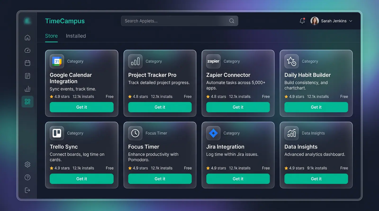 Concept illustration of the TimeCampus applet store: a grid of applet cards with ratings, install counts and Get it buttons