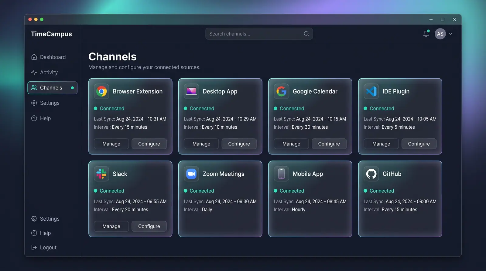 Concept illustration of a Channels page with eight connected source cards, each showing last sync, sync interval and Manage and Configure buttons