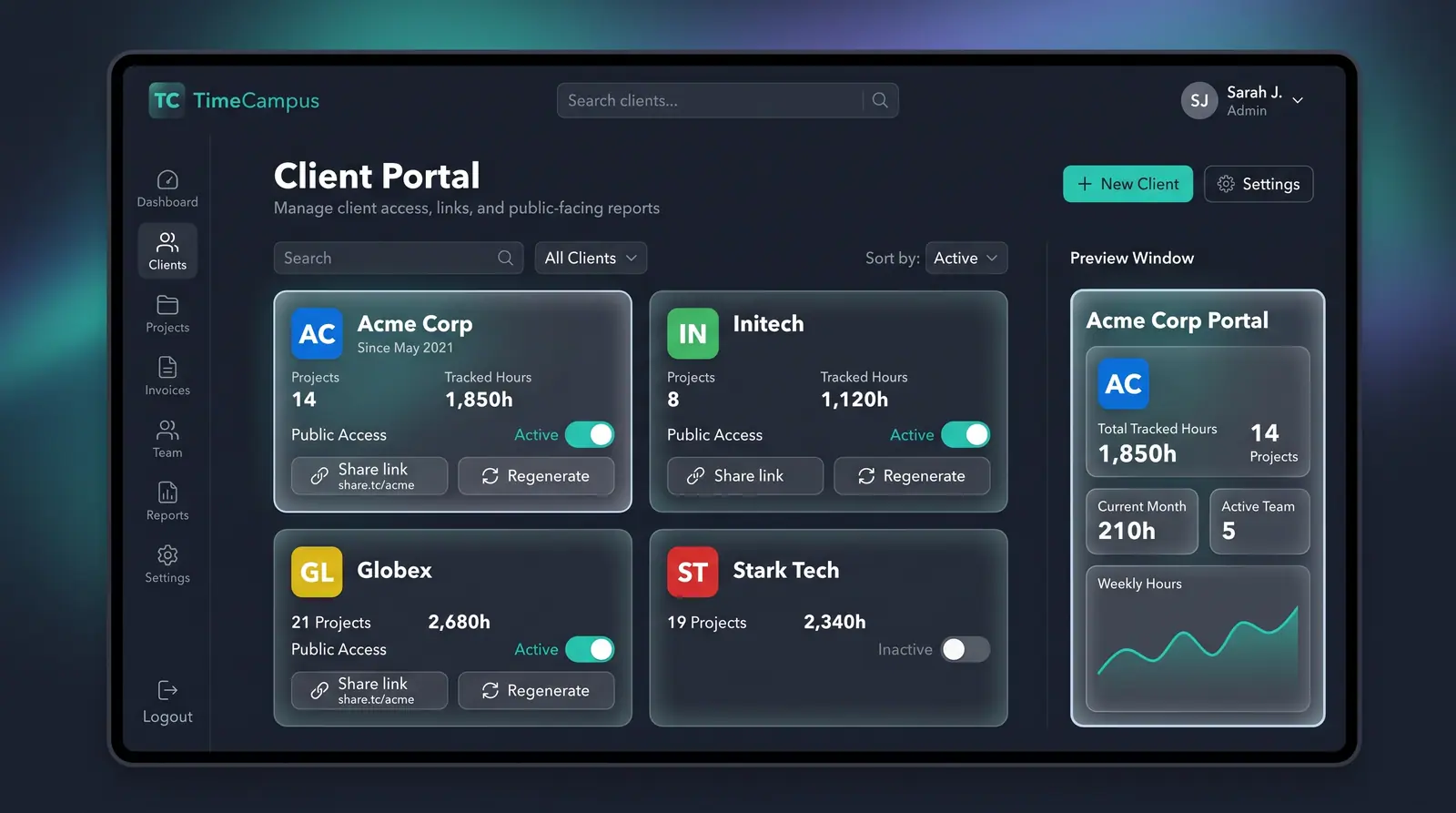 Concept illustration of a TimeCampus client portal with client cards, public access switches, share and regenerate link buttons and a client preview