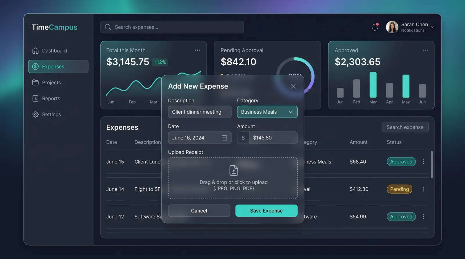 Concept illustration of TimeCampus expense tracking with monthly summary cards, an expense table and an Add New Expense dialog with receipt upload