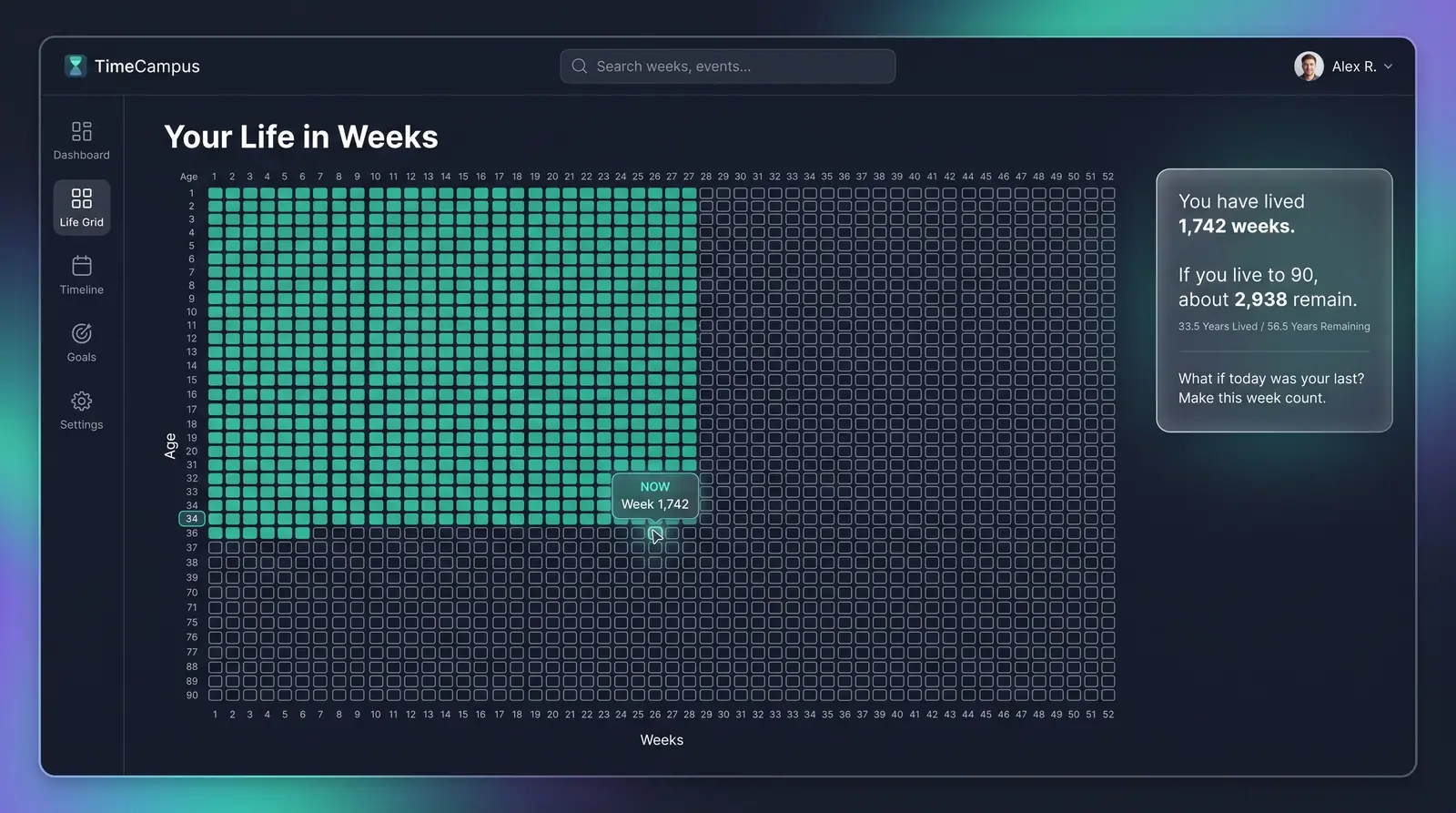 Concept illustration of a TimeCampus life-in-weeks grid with filled cells for weeks lived, outlined cells for weeks remaining and a Now marker