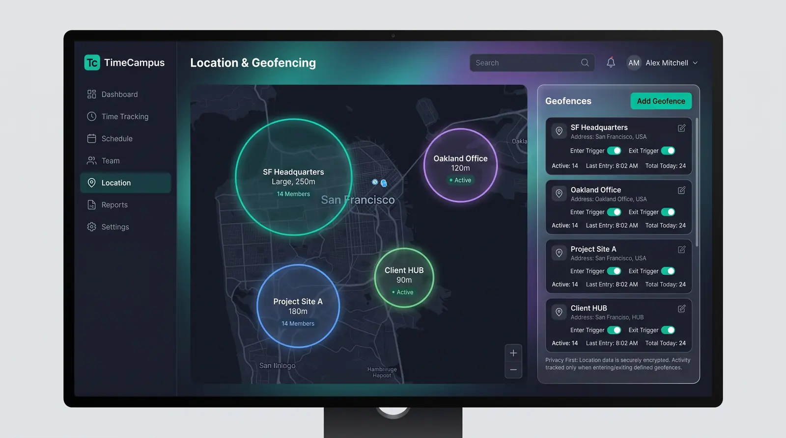 Concept illustration of a Location and Geofencing page with circular geofences on a city map and a list of geofences with enter and exit toggles