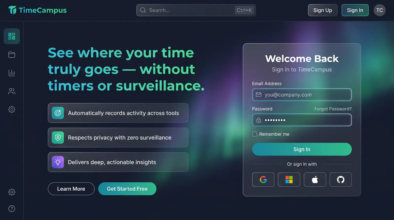 Concept illustration of the TimeCampus sign-in page with a headline, three privacy and insight value cards, and an email, password and SSO form