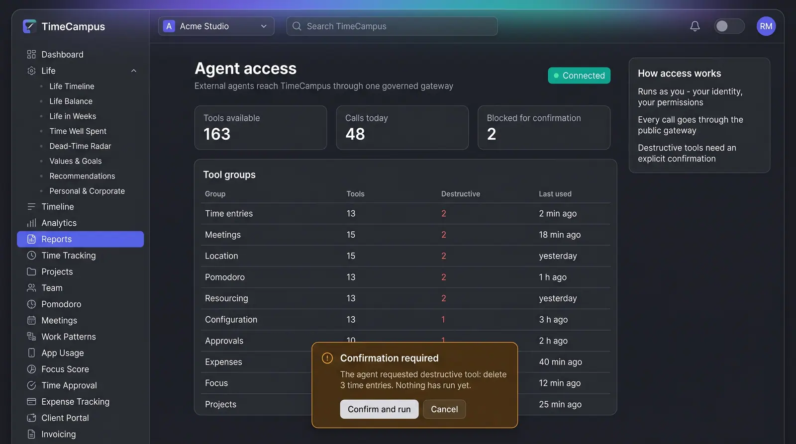 Concept illustration of an Agent access page with tool counts, a tool groups table and a dialog confirming an agent's request to delete entries