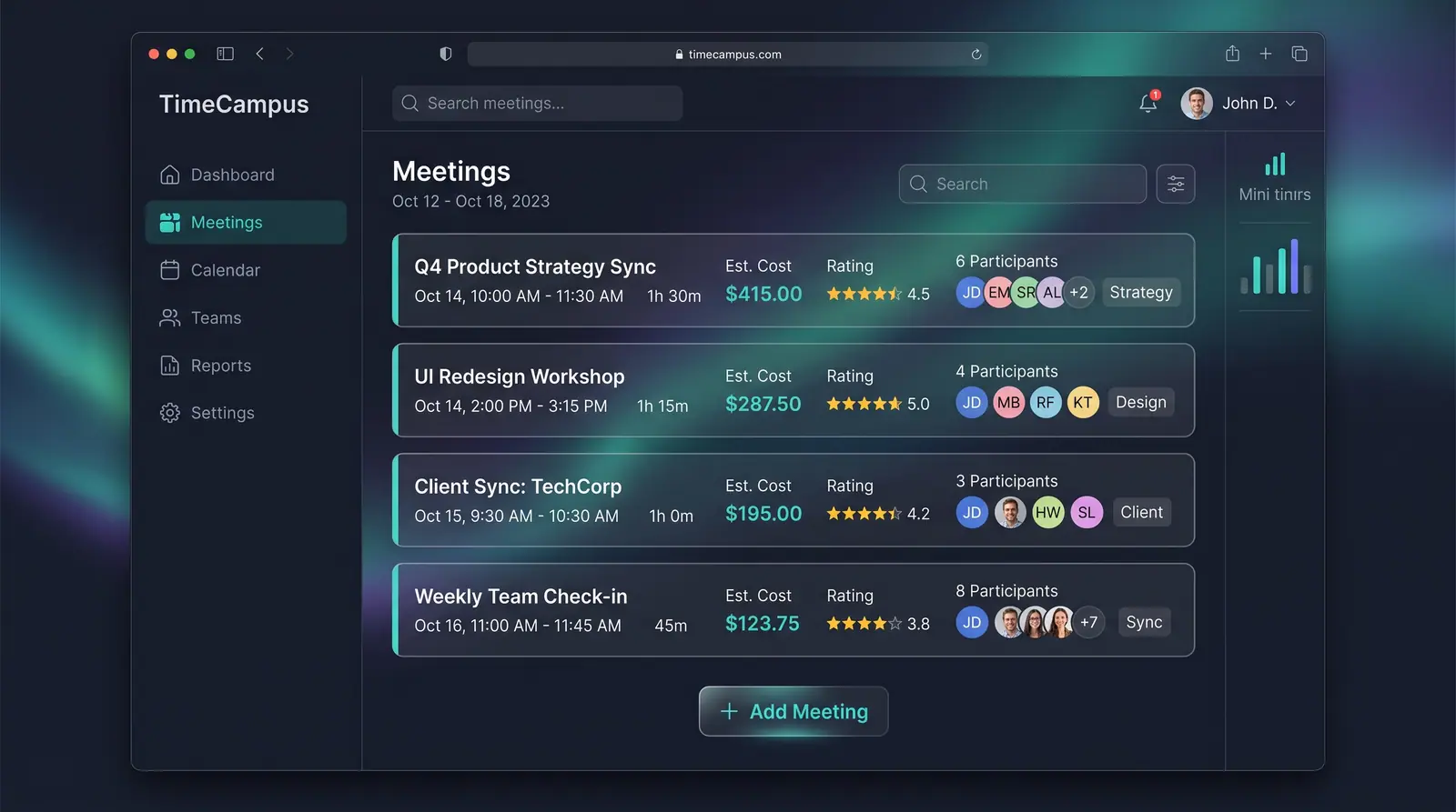Concept illustration of a TimeCampus meetings list with cards showing time, duration, estimated cost, star rating, participants and type tags