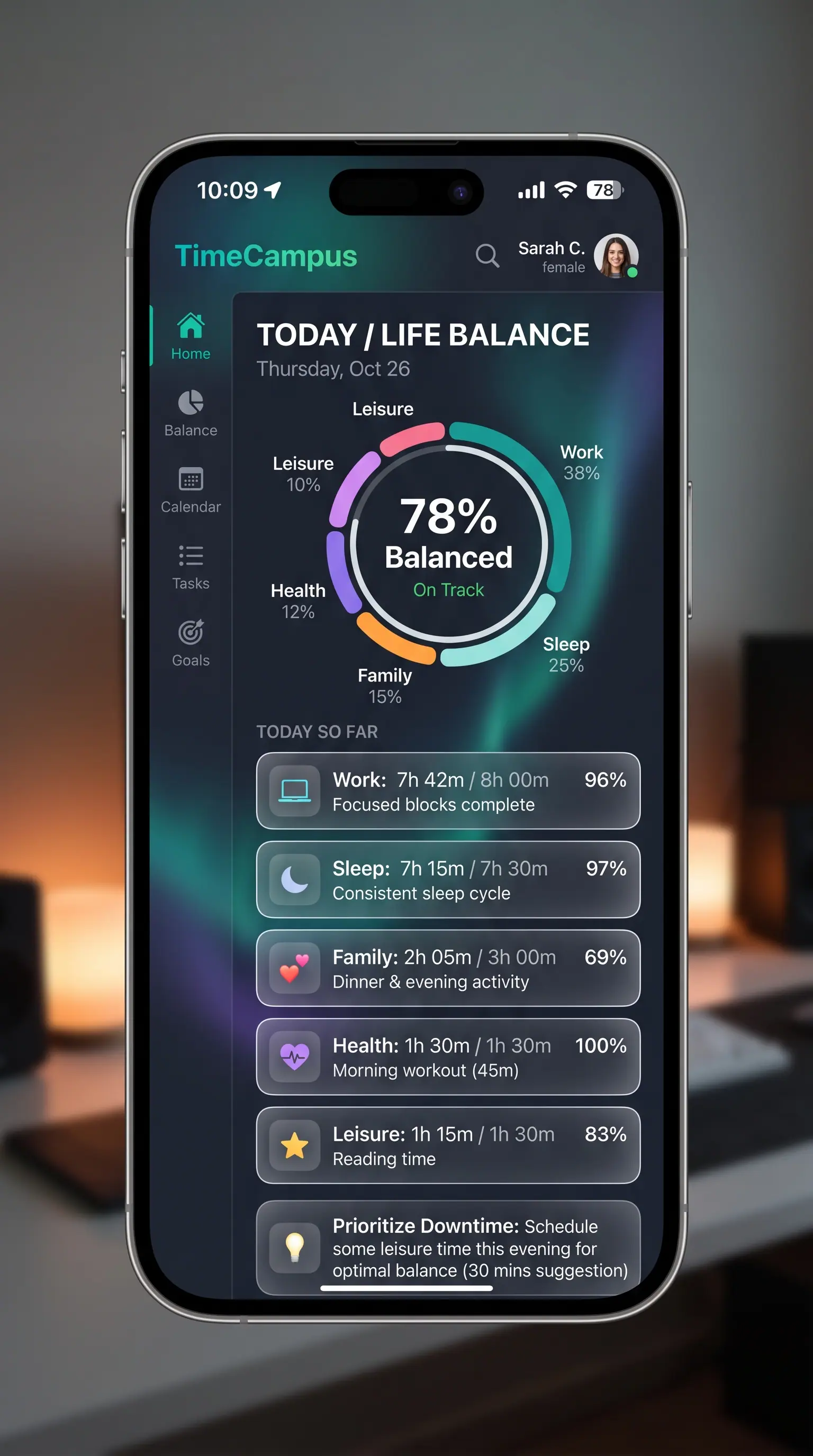 Concept illustration of a phone showing a Today / Life Balance view with a balance ring, per-domain progress cards and a downtime suggestion