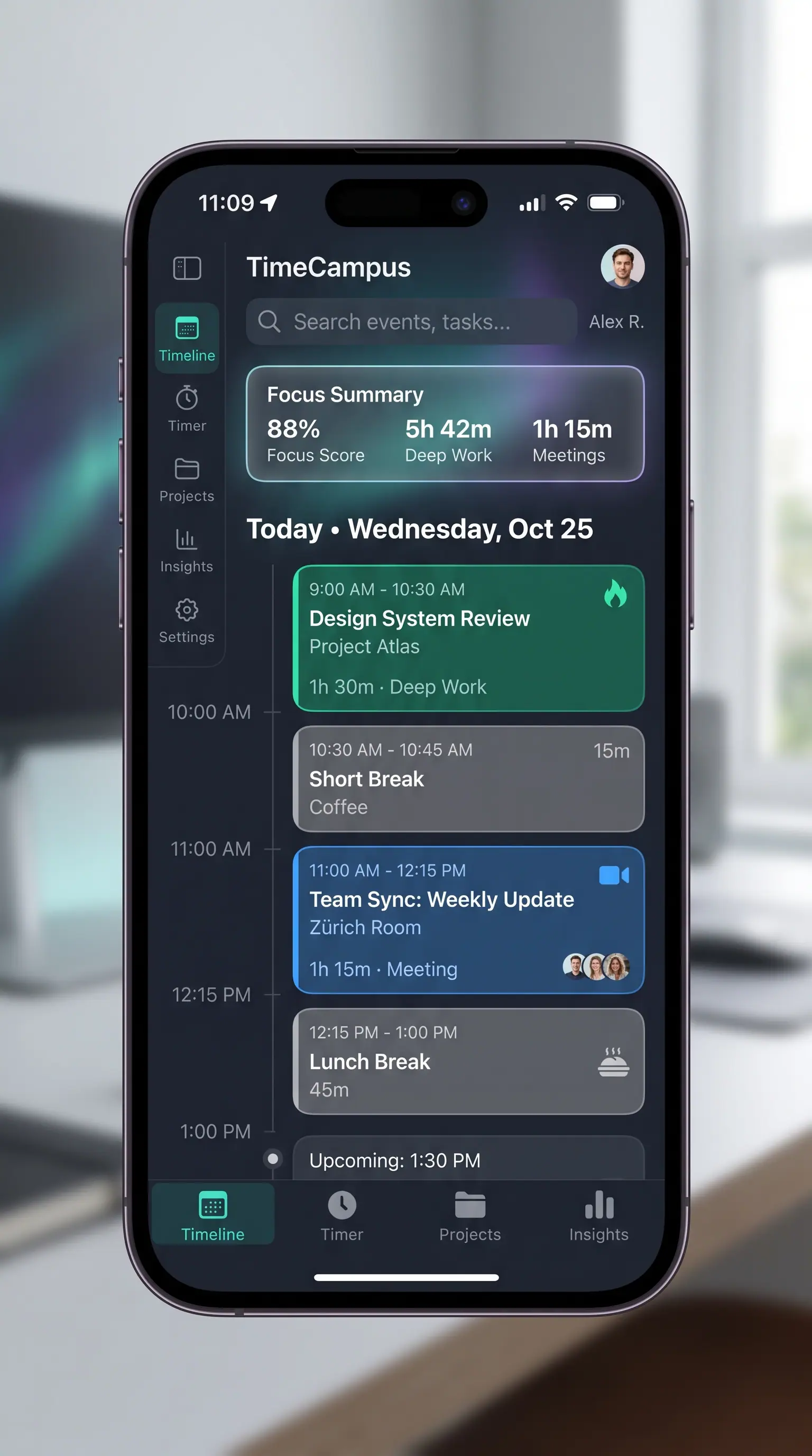 Concept illustration of the TimeCampus mobile timeline with a focus summary card and a day of deep work, break, meeting and lunch cards