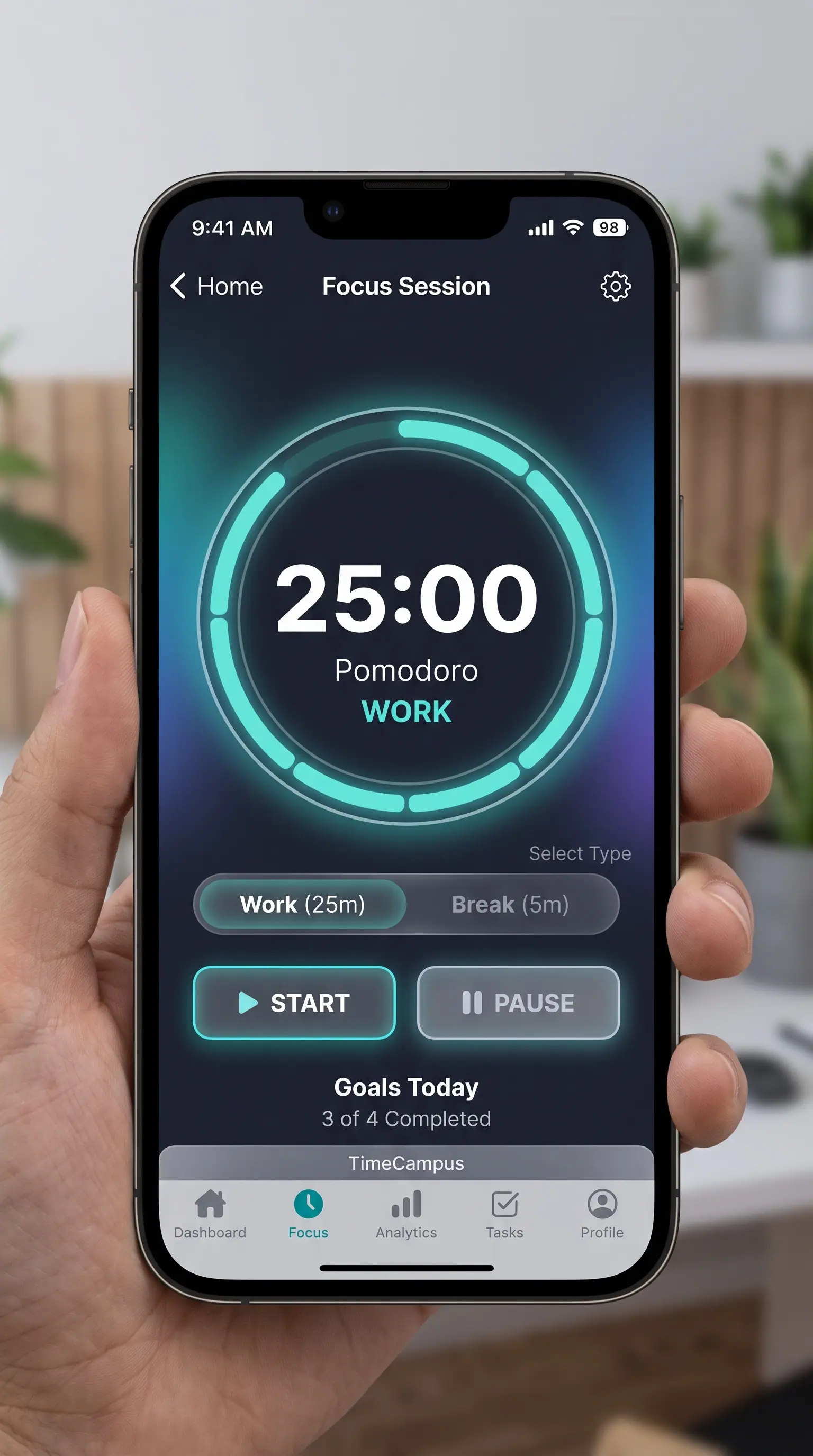 Concept illustration of a mobile focus session screen with a segmented ring dial, work or break selector, start and pause buttons.