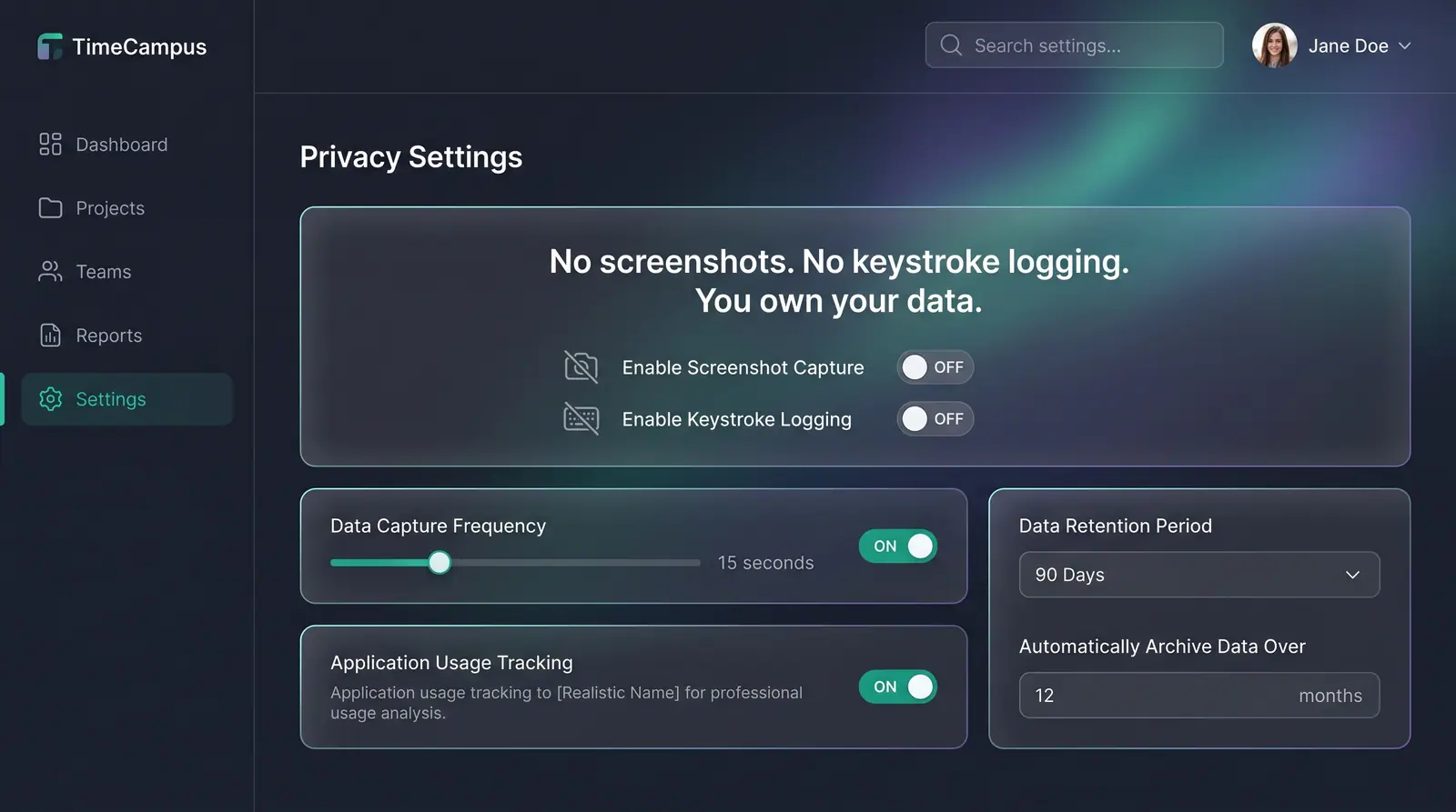 Concept illustration of TimeCampus privacy settings with screenshot and keystroke capture off, plus capture frequency and retention controls