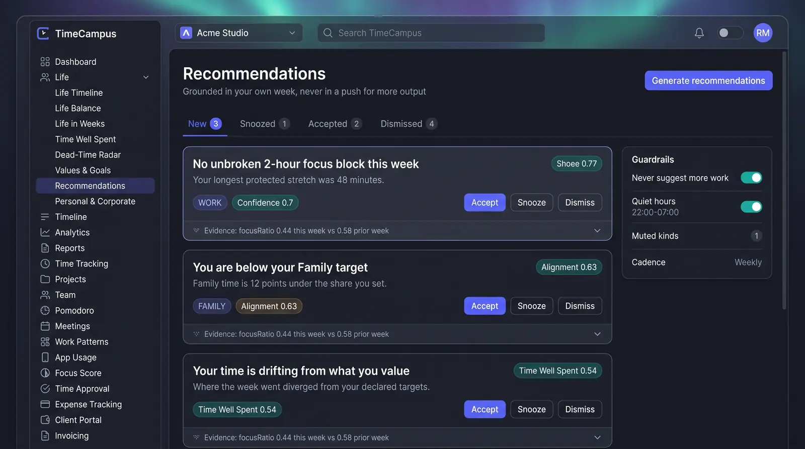 Concept illustration of a Recommendations inbox with status tabs, evidence rows on each card and a guardrails panel that rules out more work