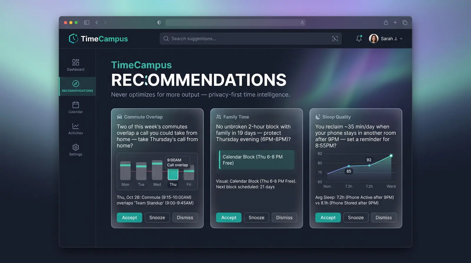 Concept illustration of recommendation cards for a commute overlap, family time and sleep quality, each with accept, snooze and dismiss buttons