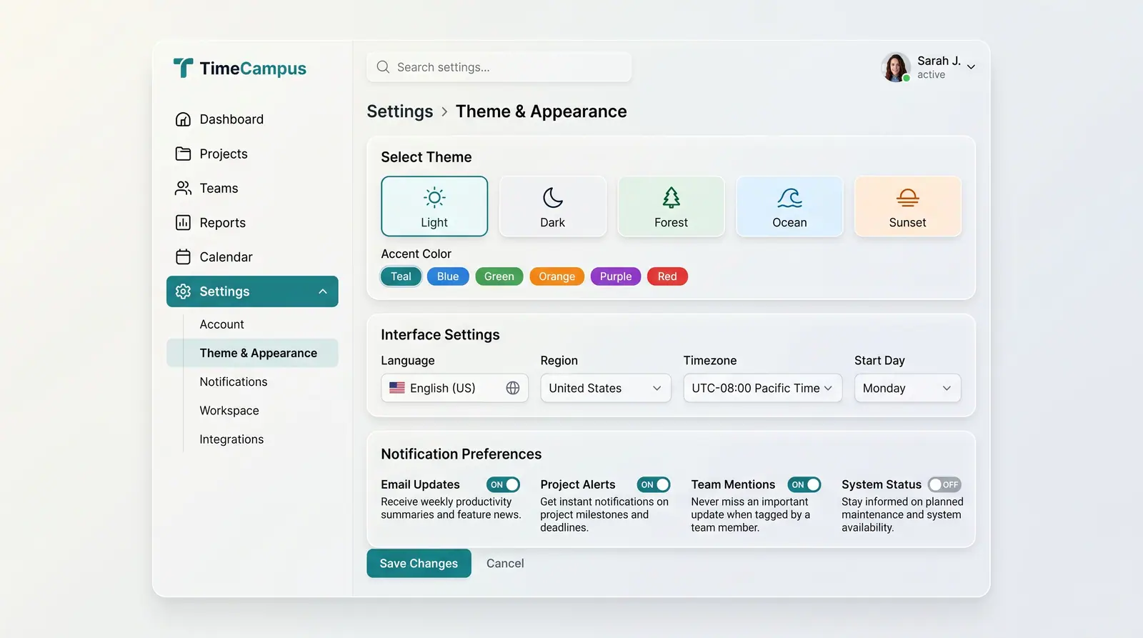 Concept illustration of TimeCampus Theme & Appearance settings in light mode with theme tiles, accent colors, locale fields and notification switches