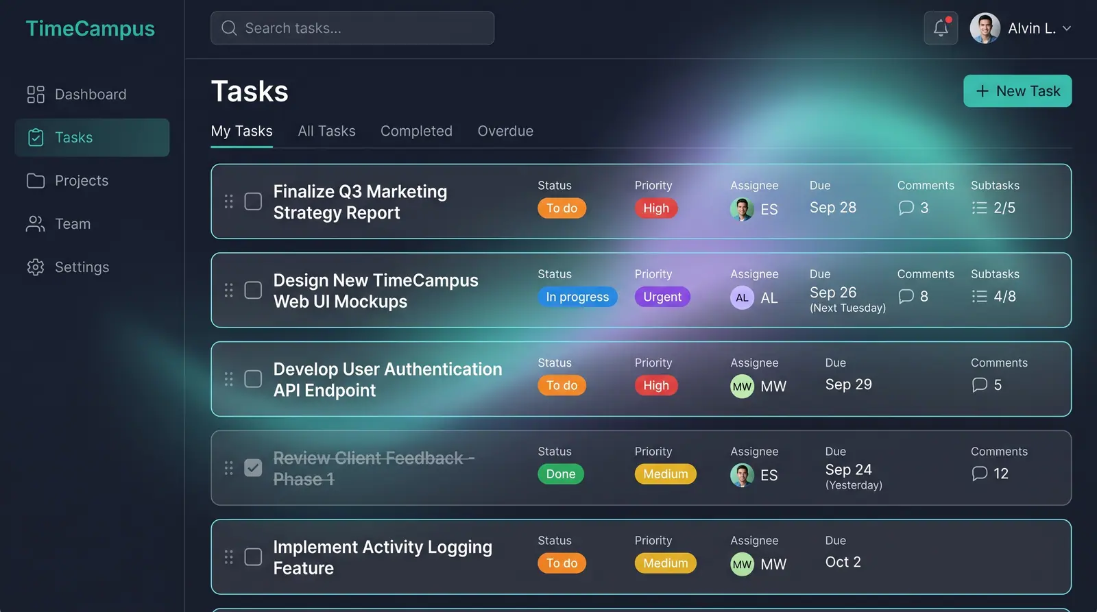 Concept illustration of a task list page with tabs for my tasks, all tasks, completed and overdue, and rows showing status and priority.