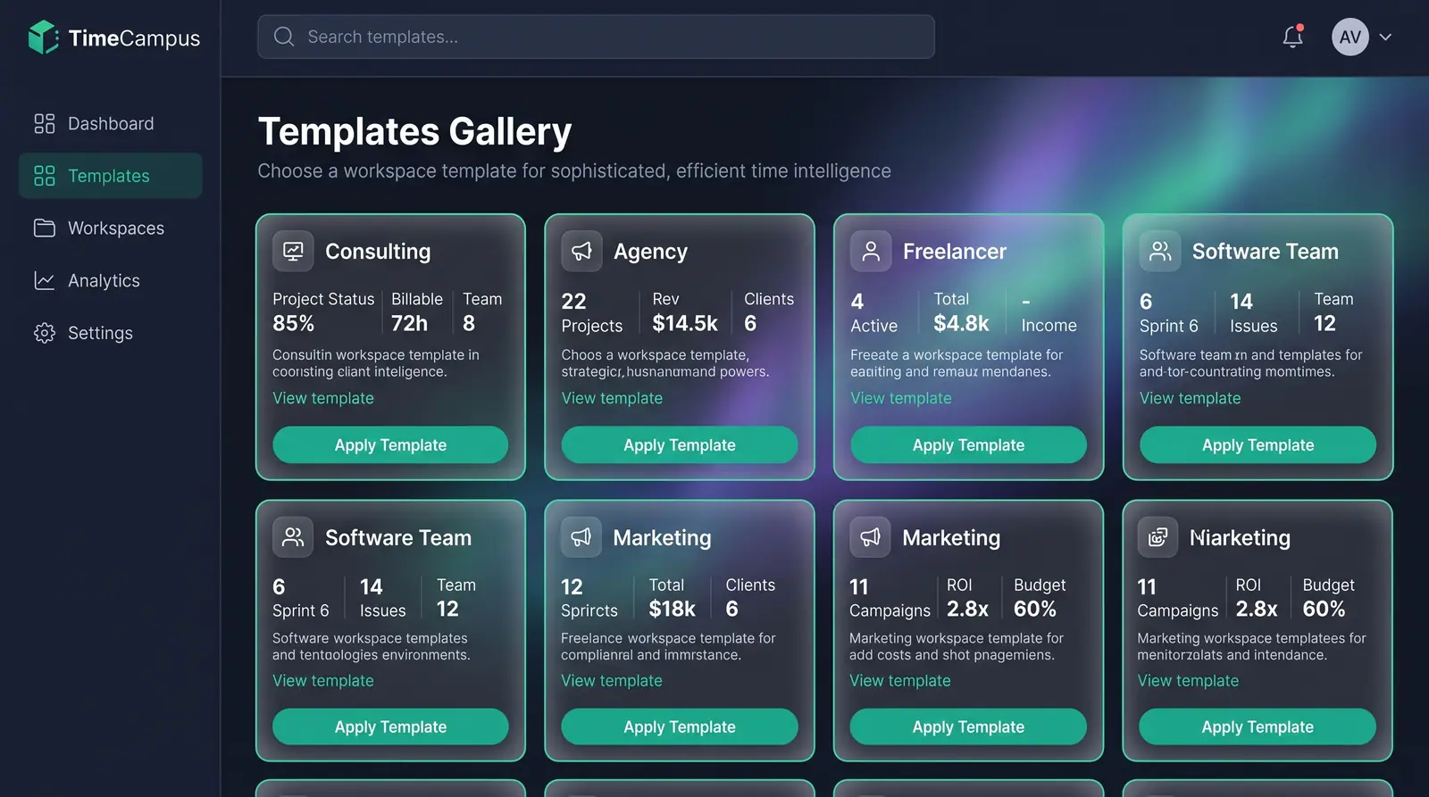 Concept illustration of the TimeCampus Templates Gallery with workspace template cards for consulting, agency, freelancer, software and marketing work