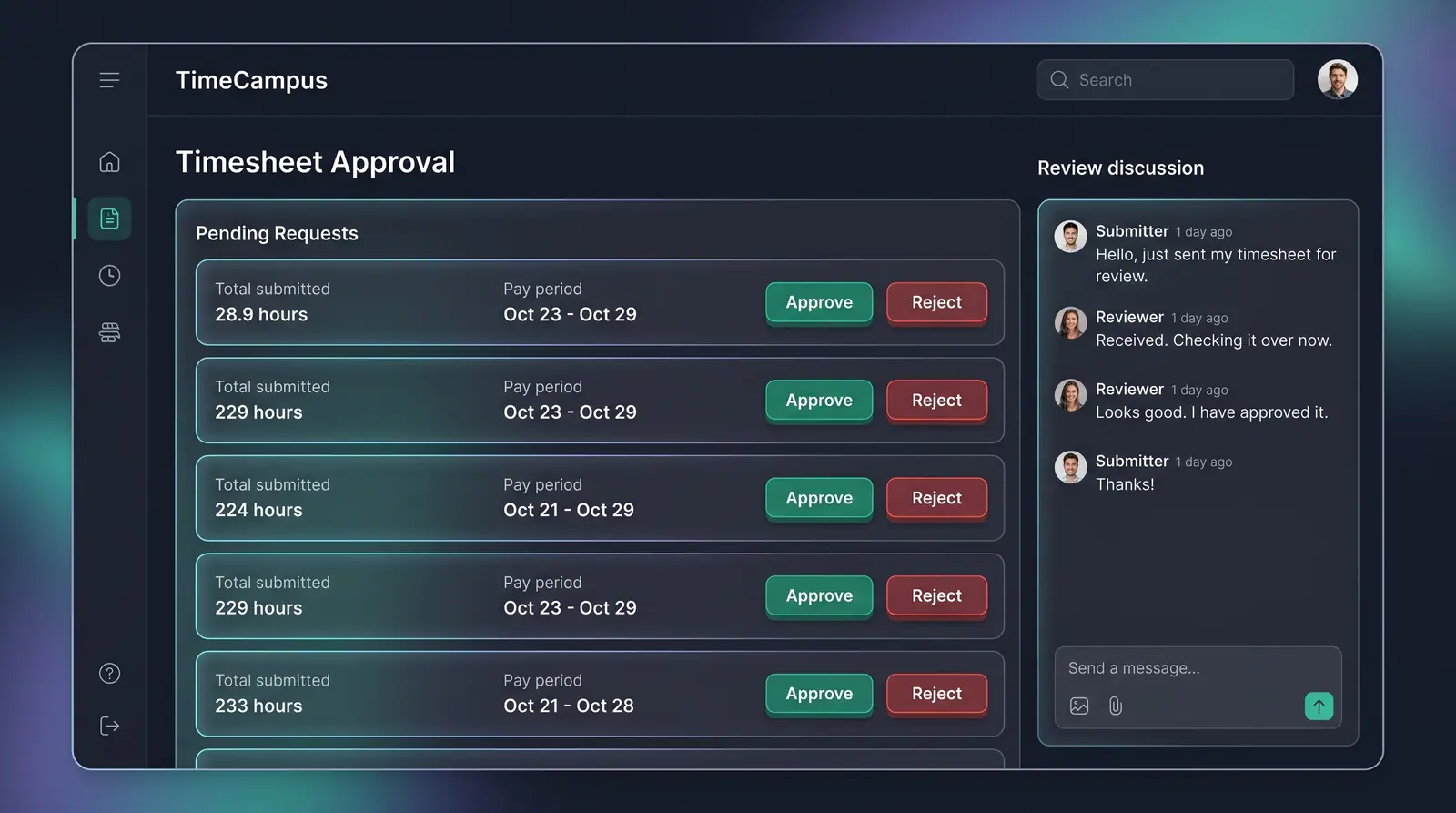 Concept illustration of a TimeCampus timesheet approval queue with hours submitted, pay periods, approve and reject buttons and a review discussion