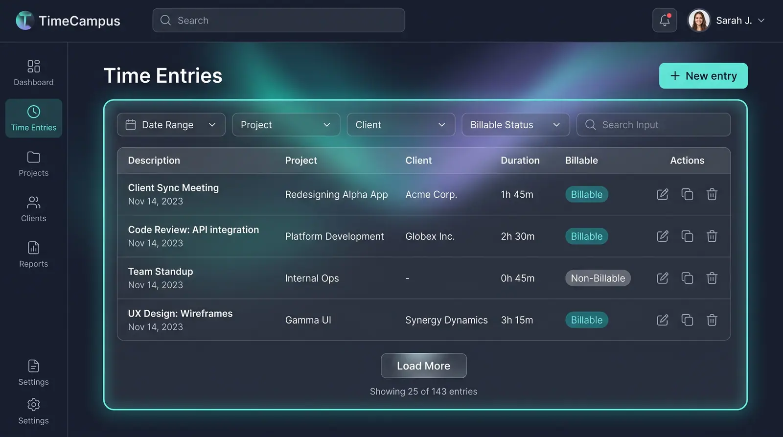 Concept illustration of a Time Entries list with filters for date, project, client and billable status, and rows with billable badges and edit actions