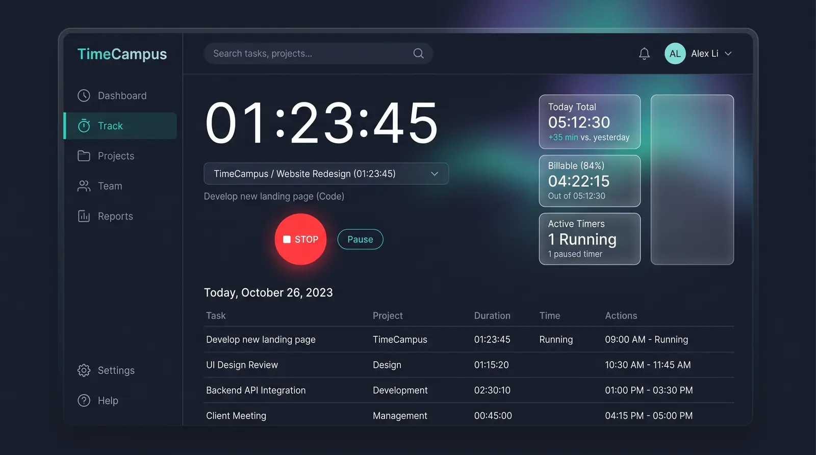Concept illustration of the TimeCampus Track page with a large running timer, Stop and Pause buttons, today's totals and a table of today's tasks