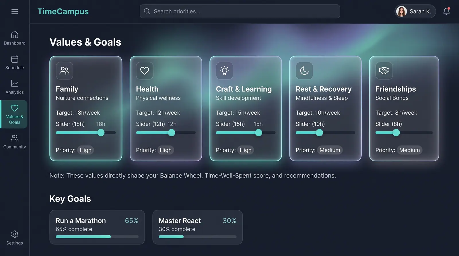 Concept illustration of a Values & Goals page with five value cards, each with a weekly hour target slider and priority, above key goal progress bars