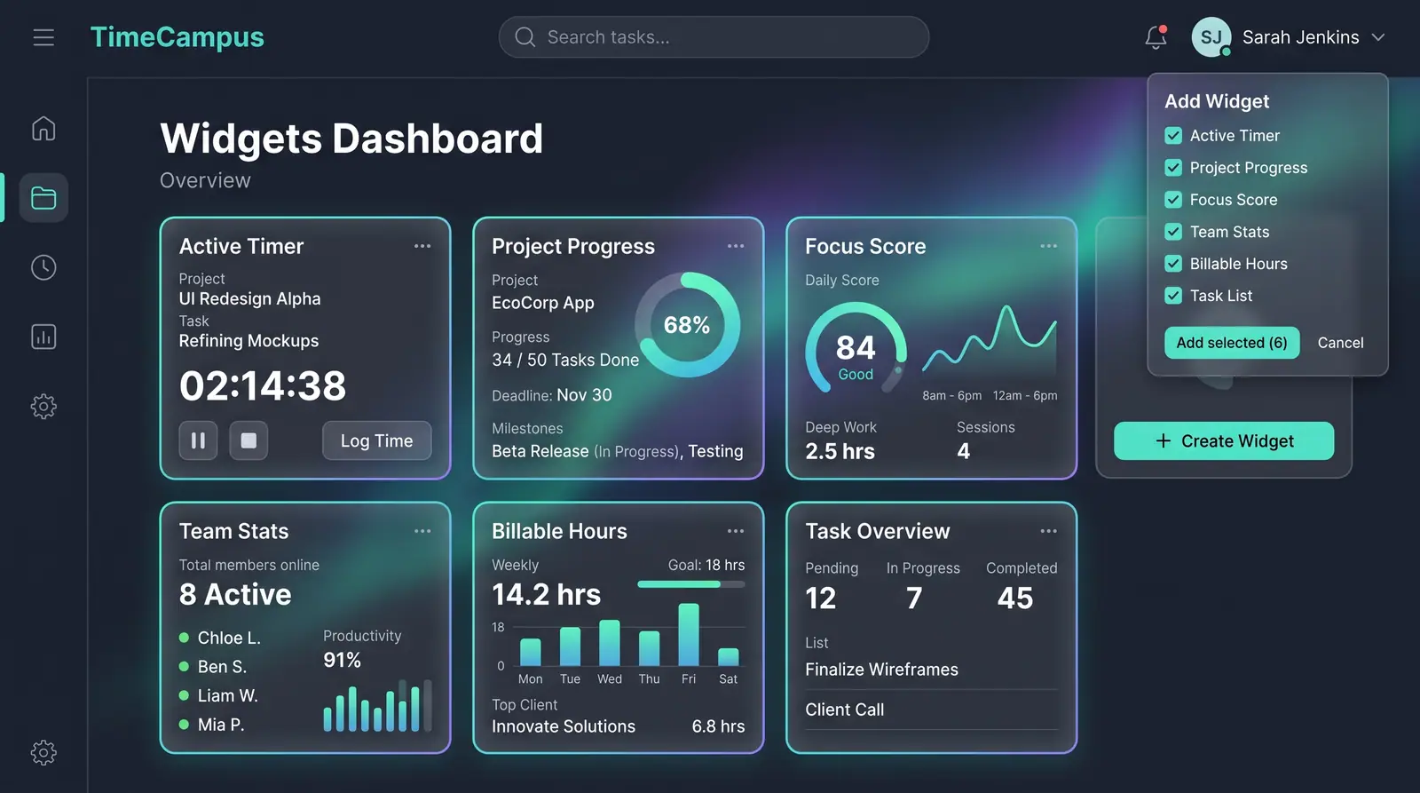 Concept illustration of a widgets dashboard with timer, project, focus score, team, billable hours and task cards beside an Add Widget panel